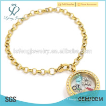 New gold ladies stainless steel floating locket charms bracelet, pearl chain bracelet
